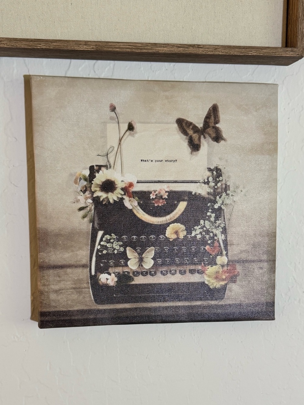 Vintage Typewriter Floral Canvas Wall Art - Neutral Tones